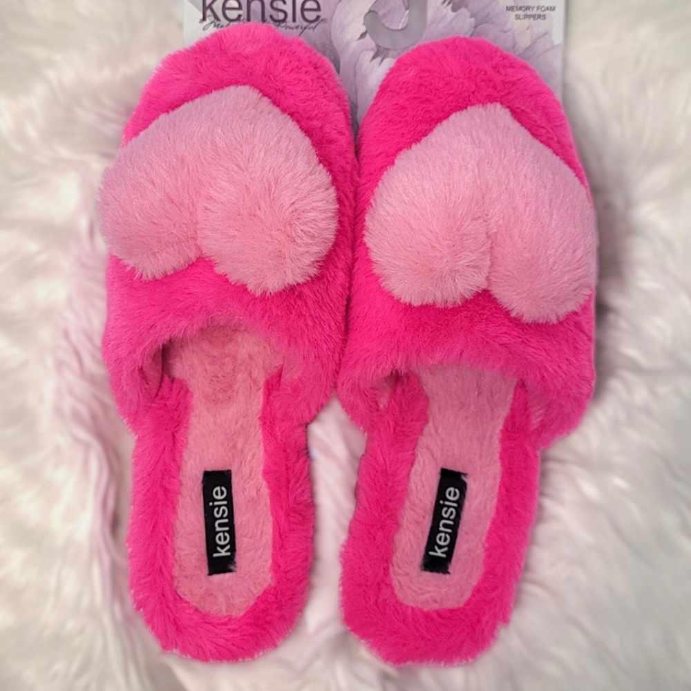 Kensie Hot Pink Heart Fluffy Fur Memory Foam Slippers with Rubber Soles, 9